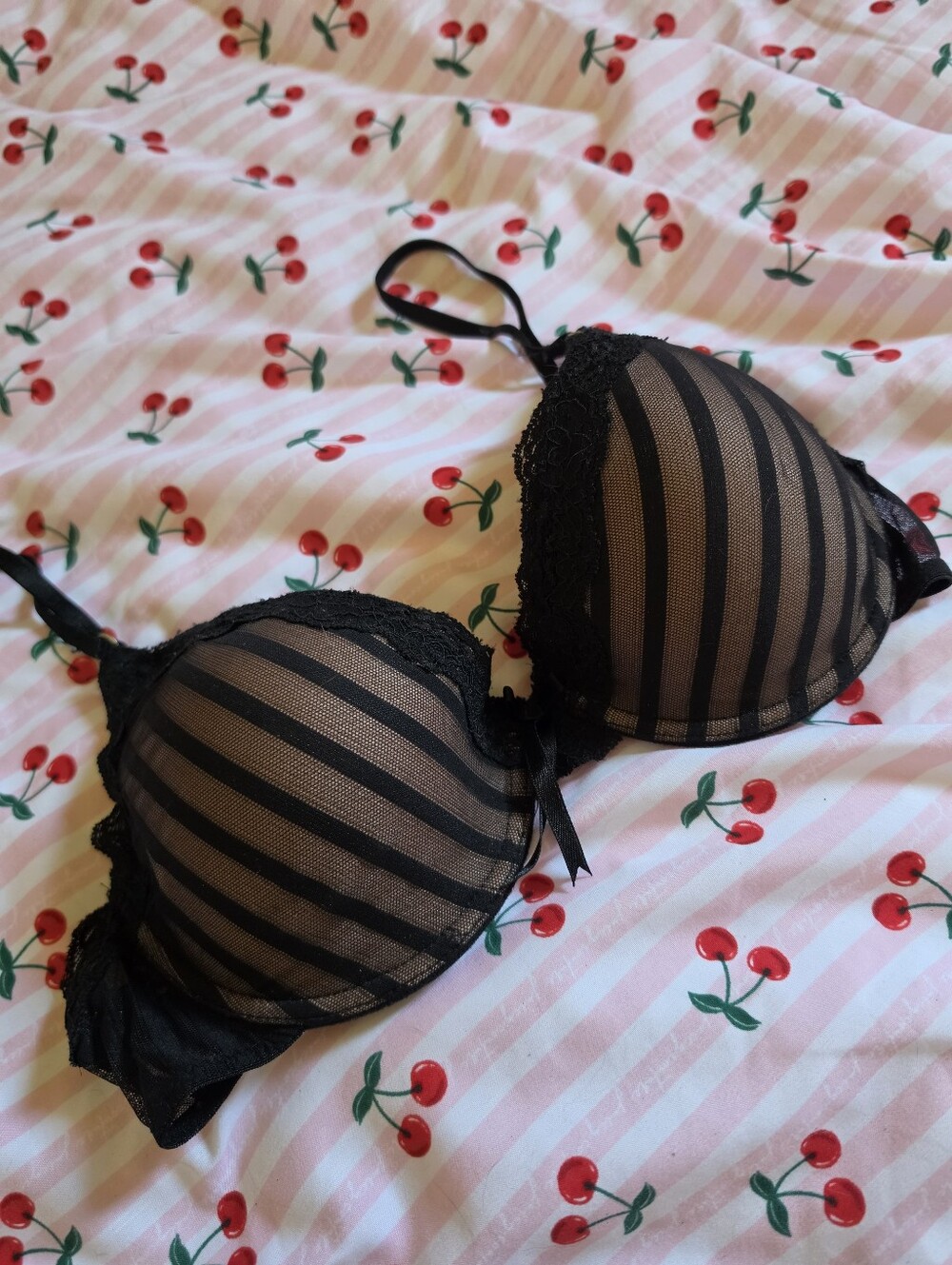 Black Sheer Striped Lace Push-Up Bra